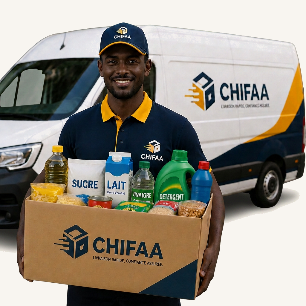 Livreur Chifaa portant un carton de produits alimentaires devant un camion de livraison